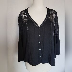 Women's Boho Black Crochet Lace 3/4 Bell Sleeve Top X-Large
